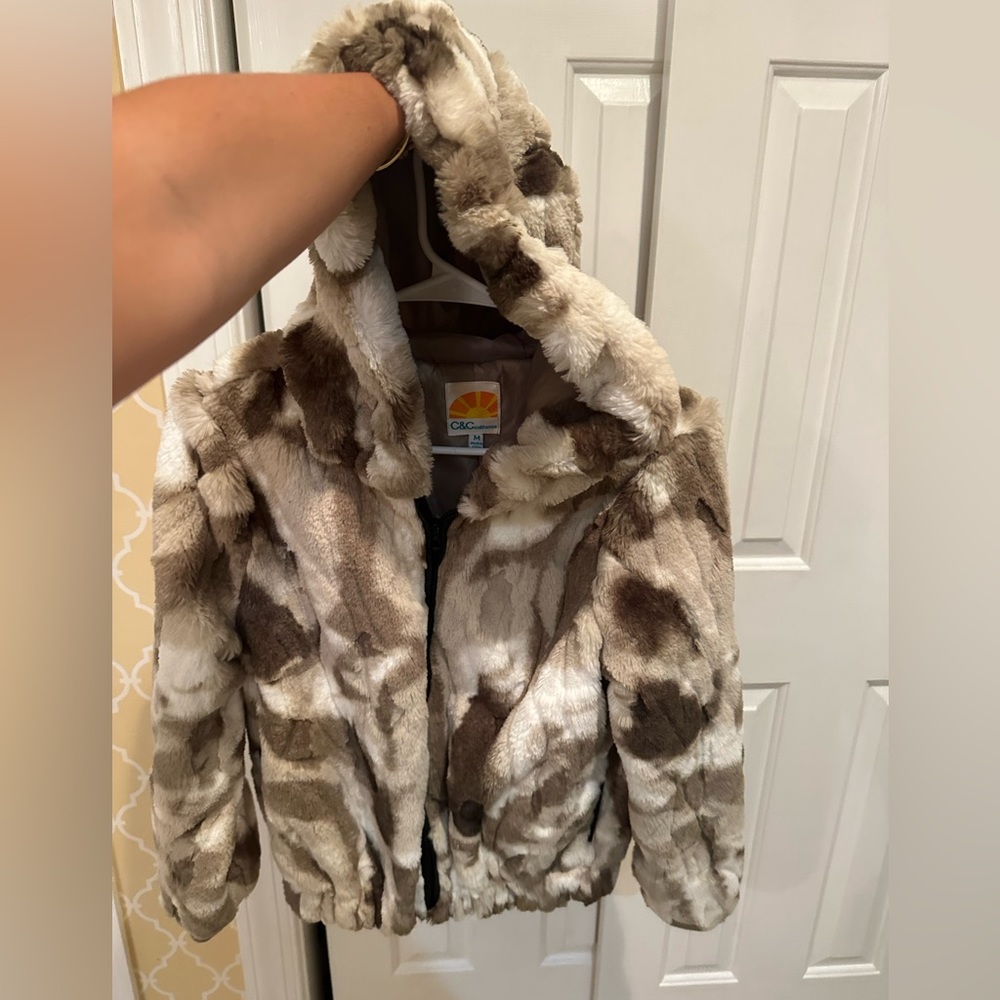 C&C California Olive Fur Coat with Hood